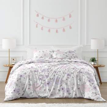 Sweet Jojo Designs Queen Duvet Cover and Shams Set Watercolor Floral Purple Pink Grey 3pc