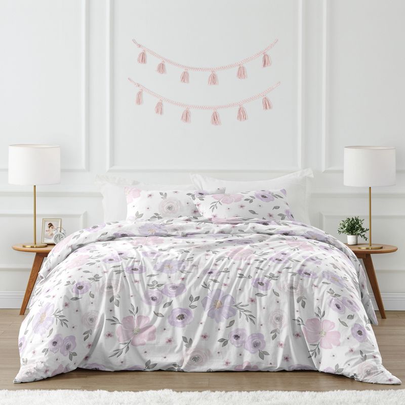 Sweet Jojo Designs Queen Duvet Cover and Shams Set Watercolor Floral Purple Pink Grey 3pc, 1 of 8