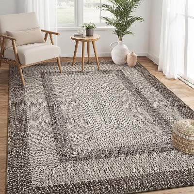 Area Rug Braided Printed Throw, Non-Slip Low Pile Accent Carpet, Foldable Soft Floor Cover for Bedroom or Living Room, Mocha