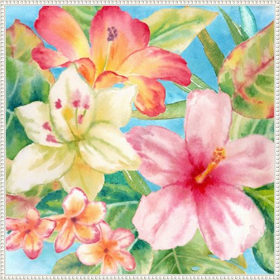 Tropical Island Florals Giclee Print on Canvas with White Frame