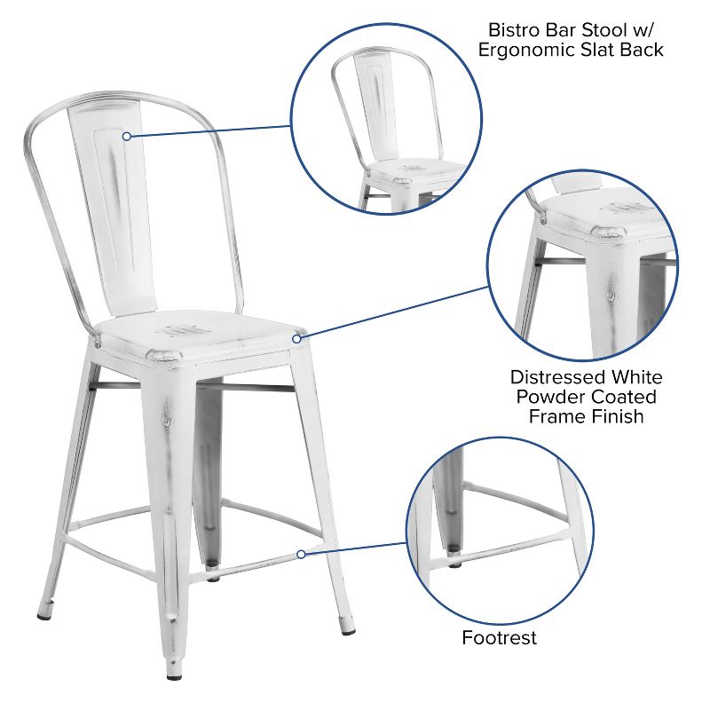 Emma and Oliver Commercial Grade 24"H Distressed Metal Indoor-Outdoor Counter Stool with Back, 4 of 13