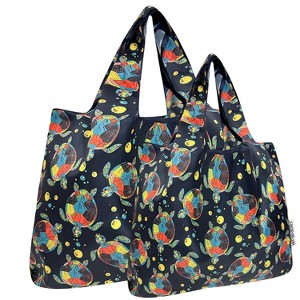 Wrapables Large & Small Foldable Nylon Reusable Shopping Bags (Set of 2), Vibrant Turtles - 1 of 4