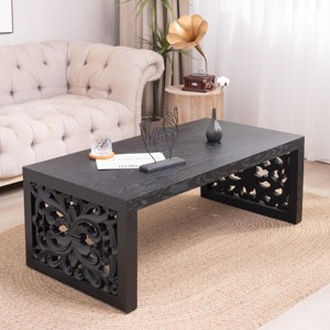 47.2" Rustic Wood Coffee Table with Carved Side Panels, Natural Finish Accent for Living Room or Lounge -3irtyhousy - 1 of 4