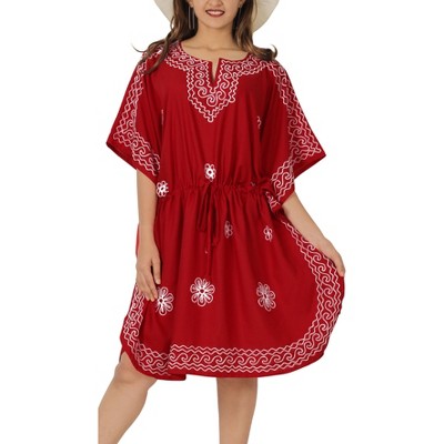 LA LEELA Women's House Daily Routine Evening Wear Mini Casual Caftan Short Sleeve Vacation Dressessuit Cover Ups for Women 2X-3X Red, Solid