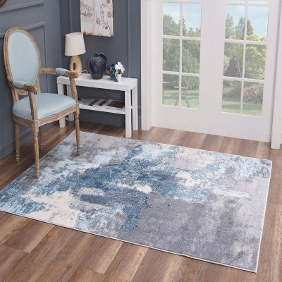 Gray and Blue Abstract Synthetic Area Rug 4x5