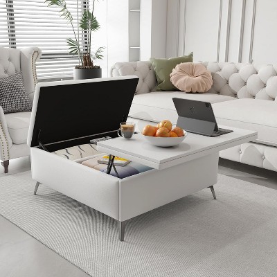 Angel Sar Upholstered Lift Top Coffee Table, White Center Table with Safety Hinged Lid and Metal Legs