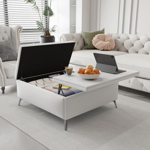 Angel Sar Upholstered Lift Top Coffee Table, White Center Table with Safety Hinged Lid and Metal Legs - 1 of 4