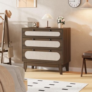 3 Drawer Wood Dresser with Rattan Accents, Nightstand Bedside Table - 1 of 4