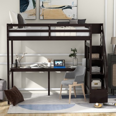 CAVINAS Twin Size Loft Bed with Desk Pinewood Bed Frame with Guardrail and Storage Stairs for Bedroom