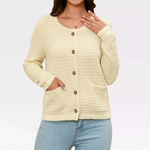 Women's Chunky Button Down Cardigan Sweater with Open Front, Crew Neck, and Long Sleeve Knit Outwear with Pockets - 1 of 4