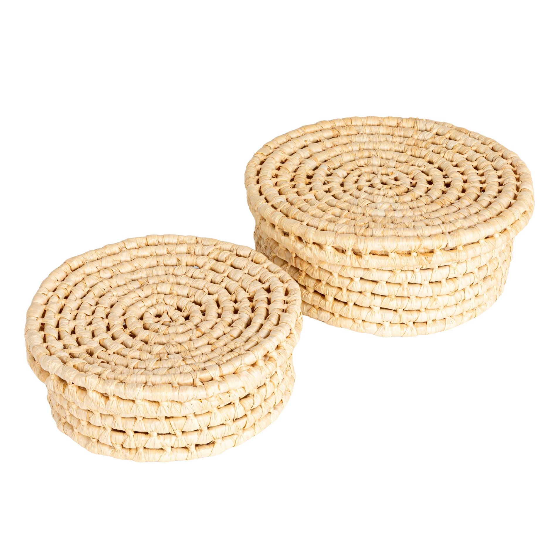 Handwoven Corn Leaf Nestable Baskets with Lids, Natural, Set of 2