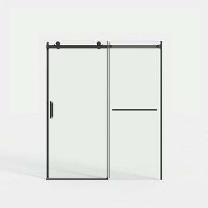 Lirago Slim Frame Single Sliding Door with Tempered Glass, Reversible Installation 60" x 72", Black - 1 of 4