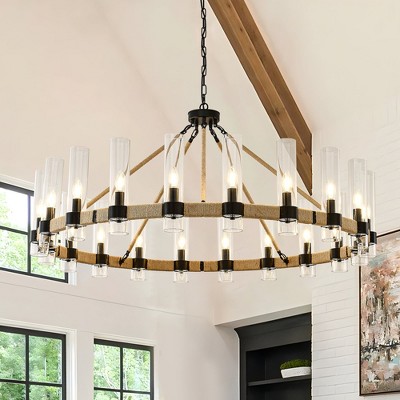 PAKOKULA Farmhouse 20 light Black Wagon Wheel Rustic Chandelier with Clear Glass Shade & Rattan Accents for Dinning Room