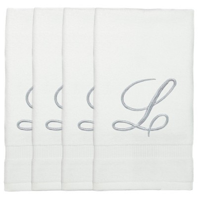 BC BARE COTTON Monogrammed Fingertip Towels, Personalized Gift, 11 x 18 Inches - Set of 4 - White - Silver Script