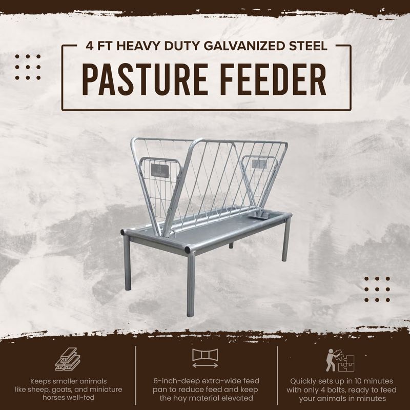 Rugged Ranch Products GV3PF 4 Foot Long Heavy Duty Mini Galvanized Steel Pasture Hay Feeder with Feed Pan for Sheep, Goats, and Miniature Horses, 2 of 7