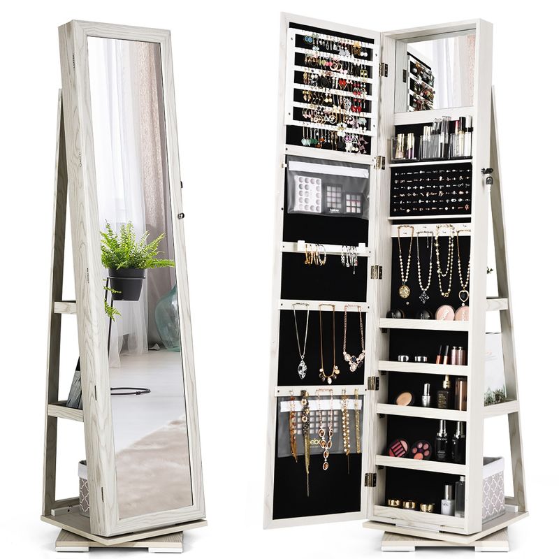 Costway 360degree Rotatable Jewelry Cabinet 2-in-1 Lockable Mirrored Organizer, 1 of 11