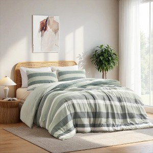 AENKYO Lightweight Fluffy Comforter Set, 3-Piece Stripe Print Bedding with Matching Shams, Contemporary Style Collection - 1 of 4