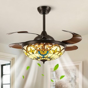 Ludomide 42" Tiffany Ceiling Fan Stained Glass Retractable Chandelier Fan with Light and Remote Control for Bedroom - 1 of 4