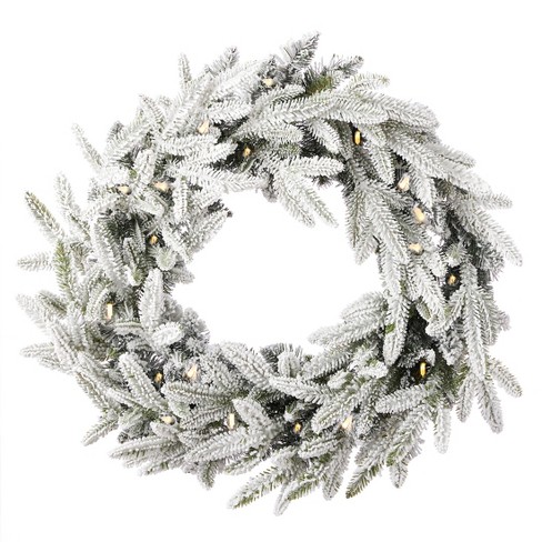 Christmas Royal Oaks Flocked Fir 24in Wreath, Pre-Lit 40 Warm White LED Lights w/ 8 Functions, 110 PE/PVC Tips - image 1 of 4