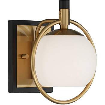 Possini Euro Design Carlyn Modern Wall Light Sconce Warm Brass Black Hardwire 8" Fixture Milky White Globe Glass for Bedroom Bathroom Vanity Reading