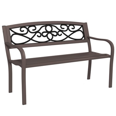 Outsunny Outdoor Bench with Floral Design Backrest, Metal Bench, Brown