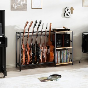 MOEPISY Record Player Stand with Guitar Stand, Guitar Holder 7 Space for Multiple Guitars, Brown - 1 of 4