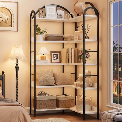 Corner Bookshelf, Bookshelf with Metal Frame & Wood Shelves,Corner Shelf for Living Room, Bedroom, Office - Space Saving Storage Shelf for Books