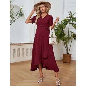 Coolmee Maternity Puff short Sleeve Maxi Dress V Neck Pregnancy Dresses for Baby Shower Photoshoot - 1 of 4