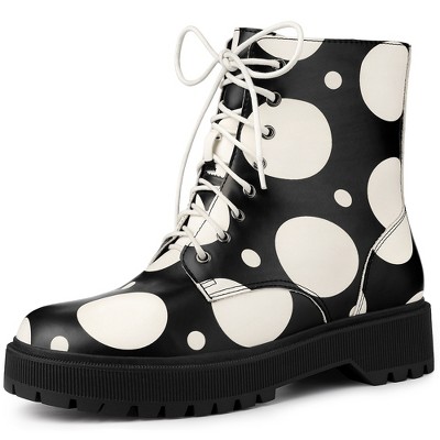 Allegra K Women's Platform Zipper Lace Up Polka Dots Printed Combat Boots