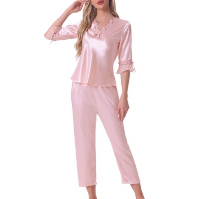 cheibear Women's Satin Silky 3/4 Sleeve Shirt with Long Pajama Pant Soft Pajama Set