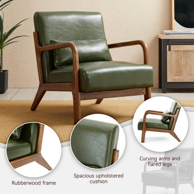 Green Faux Leather Mid-Century Modern Accent Chair with Walnut Wood Frame