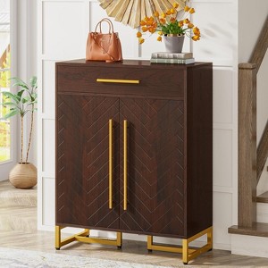 ORRD Shoe Storage Cabinet with Bench Top, Modern 6-Tier Entryway Organizer with Doors & Drawer, Walnut & Gold Finish, Adjustable Shelves - 1 of 4