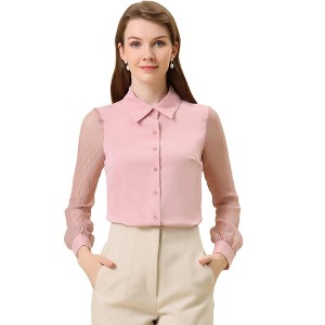 Allegra K Women's Button Down Sheer Sleeve Point Collar Work Tops - 1 of 4