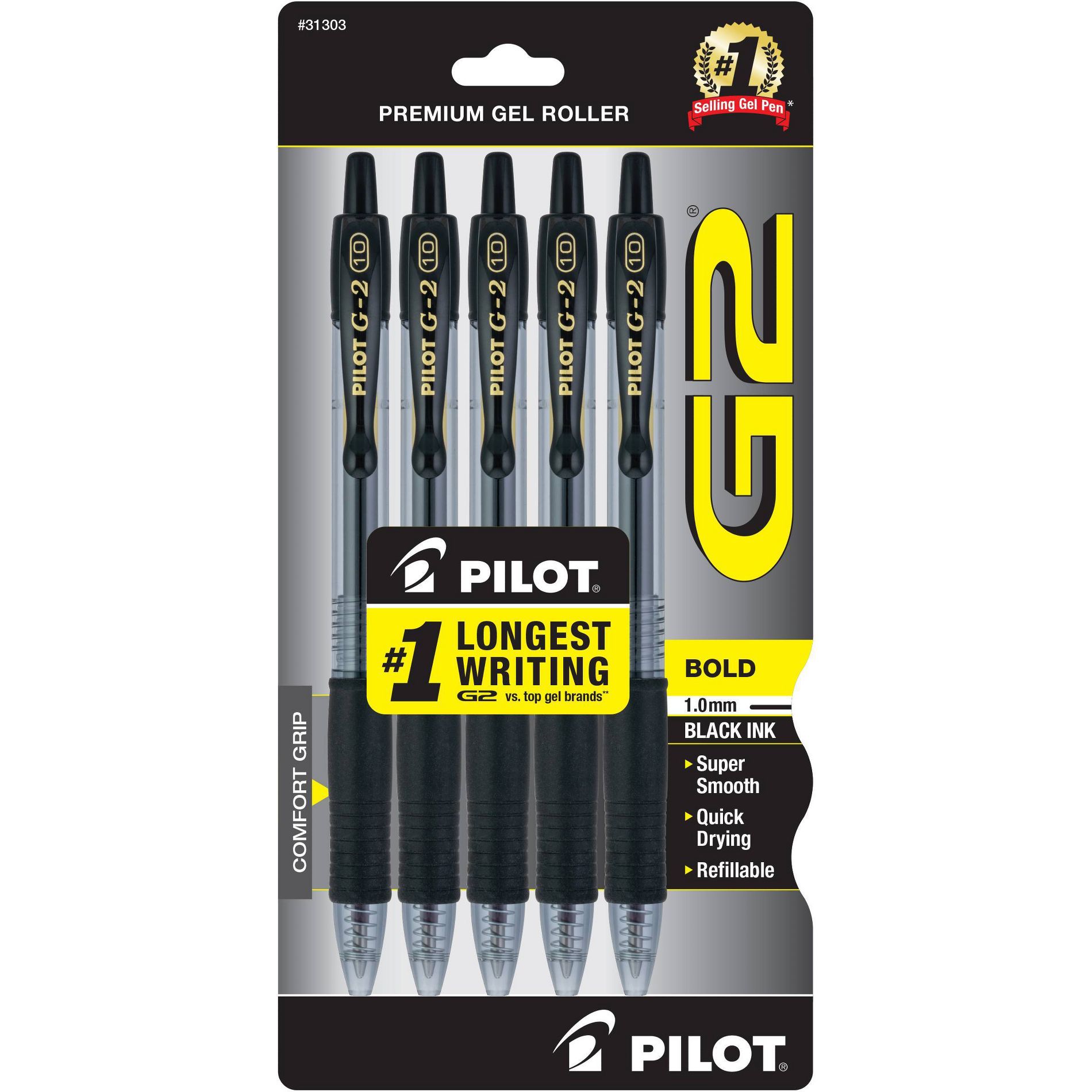 Pilot 5pk G2 Premium Gel Pens Bold Point 1.0mm Black Ink: Stationery & Office Supplies