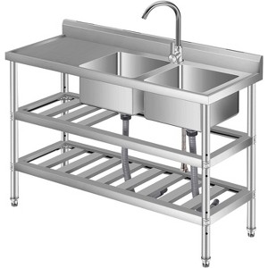 Stainless Steel Freestanding Double Bowl Commercial Utility Sink w/ Faucet, Hot/Cold, Shelf & Drain Kit for Kitchen/Laundry - 1 of 4