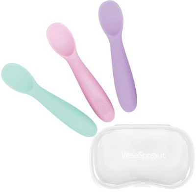 WeeSprout Baby Spoons for Self Feeding 6 Months +, Soft & Durable Silicone Utensils for Sensitive Gums & Teeth, 3 Pack + Carrying Case