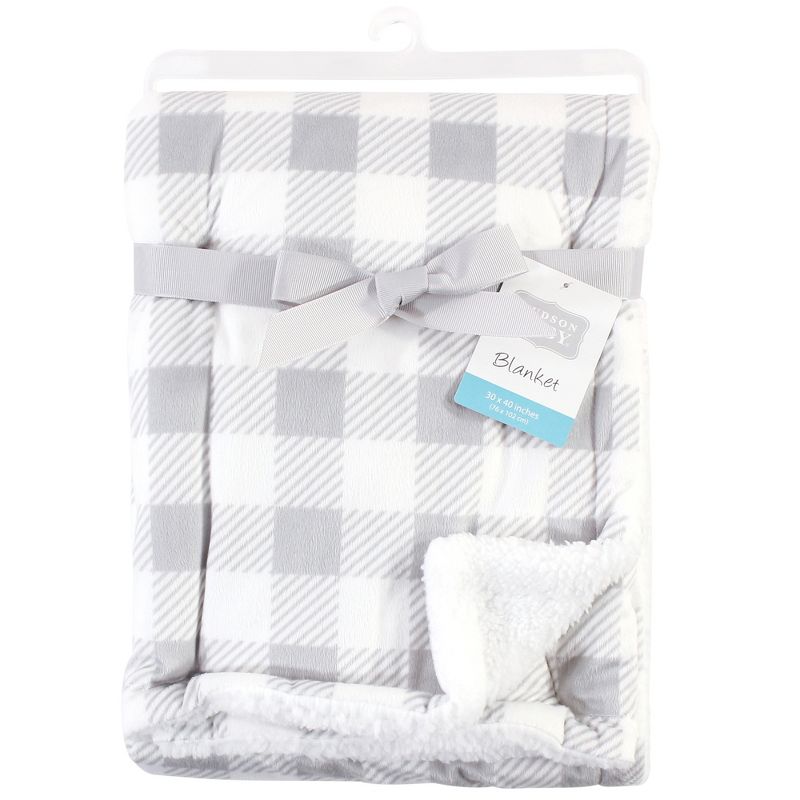 Hudson Baby Infant Plush Blanket with Faux Shearling Back, Gray Plaid, One Size, 3 of 4