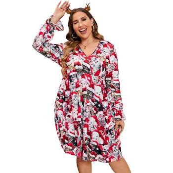 Whizmax Christmas Plus Size Women's Casual Long Sleeve Dress Vintage 1950's Party Cocktail Dress