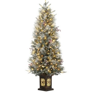 4.5ft Pre-Lit Snow Flocked Christmas Tree, Artificial Potted Xmas Tree with 200 Warm Lights, 8 Lighting Modes, Faux Berries, Antique Urn Base - 1 of 4