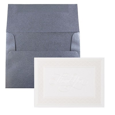 JAM Paper Thank You Card Set Pearl Border Card w/Anthracite Stardream Envelopes 526M1126MB