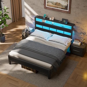 Furnulem Queen Bed Frame with Storage Headboard and LED Lights Metal Bedframe with Charging Station and USB Port Queen Size Bed with Heavy Duty Slats - 1 of 4