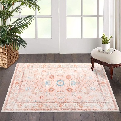 Boho Medallion Rug - Washable vintage floral carpet, soft & non-slip for entryway & bedroom