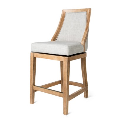 HomeRoots 26" Beige and Natural Fabric and Solid Wood Counter Height Swivel Bar Chair