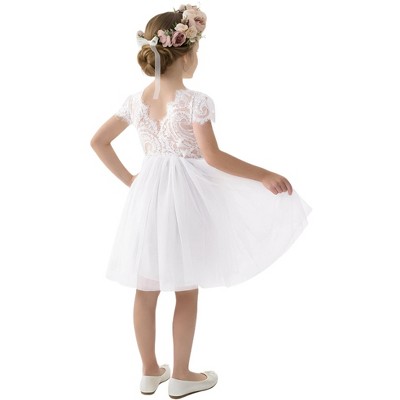 2Bunnies Paisley Lace Tulle Short Sleeve Knee-Length Flower Girl Dress