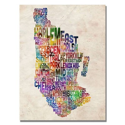 22" x 32" Manhatan Typography Map by Michael Tompsett - Trademark Fine Art