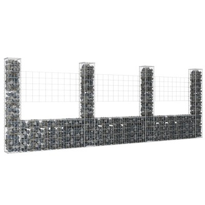 vidaXL U-shape Gabion Basket with 4 Posts Iron 149.6 in.x7.9 in.x59.1 in.