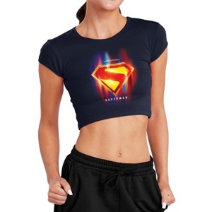 Women's Superman 2025 Glowing Shield Choices Cap Sleeve Baby Rib Crop Top - 1 of 4