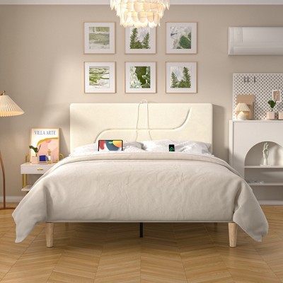 VECELO Twin/Full/Queen Size Bed Frame, Metal Platform Bed with LED Lights, Upholstered Velvet Headboard with Charging Station, Gray/Beige