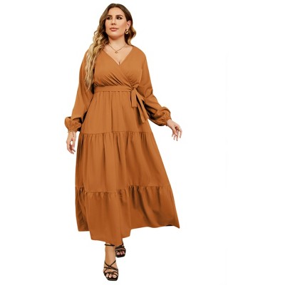 Women Plus Size V Neck Wrap Maxi Dress High Waist Ruffle Summer Casual Dress with Belt Long Sleeve,navy blue yellow flower