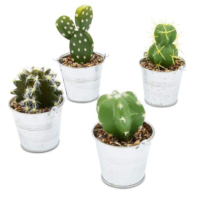 Juvale 4 Pack Artificial Succulents Planter, 4.7 "to 6.5" Green Fake Cactus Plants with Iron Bucket